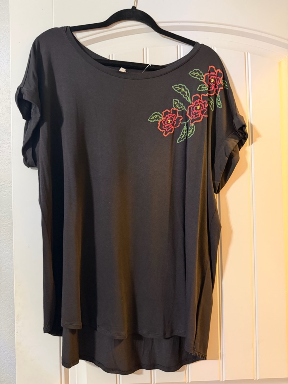 C Black Short Sleeve Top with Red Floral Embroidery